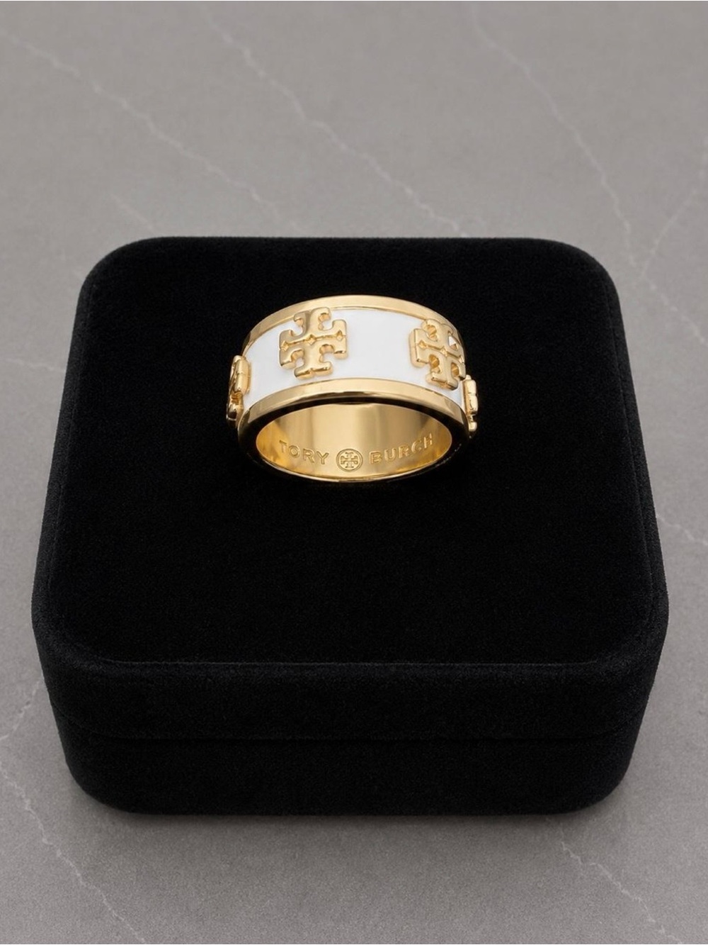 Tory Burch White Enamel and Gold Logo Band